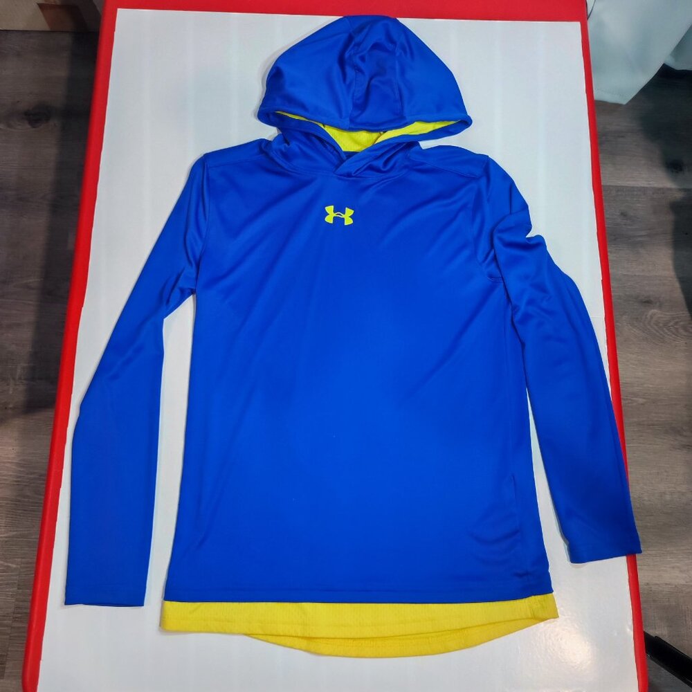 Under Armour heatgear pull on hoodie blue with yellow men's junior size L loose